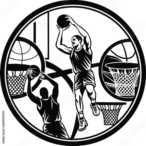 Basketball, sports, vector illustration, black and white, athletic, competition, hoop, ball, player, action