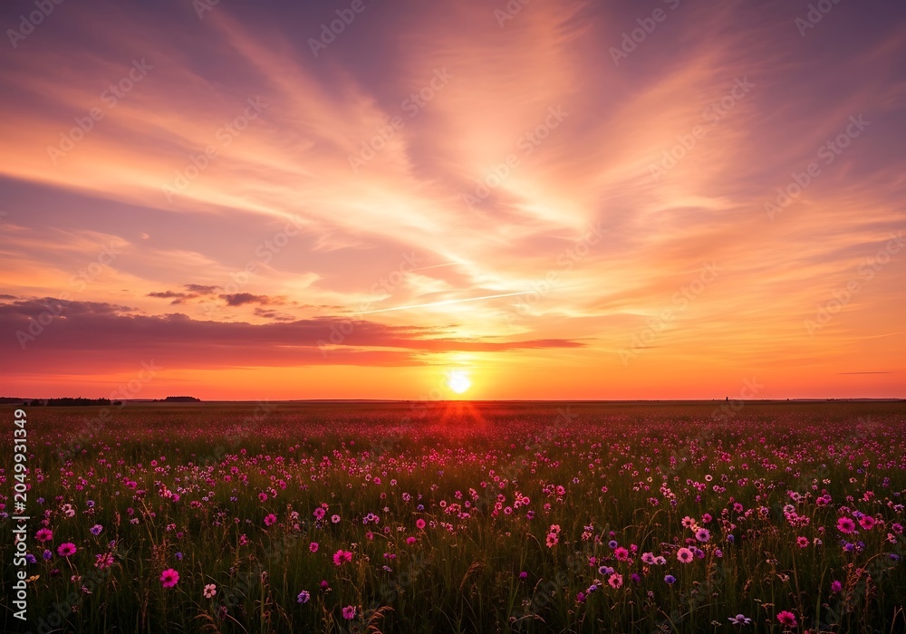 Obraz premium Stunning sunset over a vibrant field of blooming wild poppies.