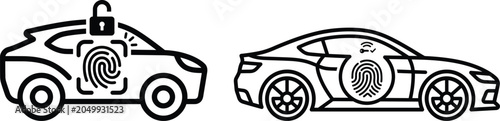 Biometric car security icons, fingerprint scanner vehicle access system, smart automotive lock technology, black line art vector set for modern transportation