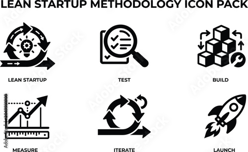 Lean startup methodology icon pack, business development process vector set, agile project management symbols for test build and launch