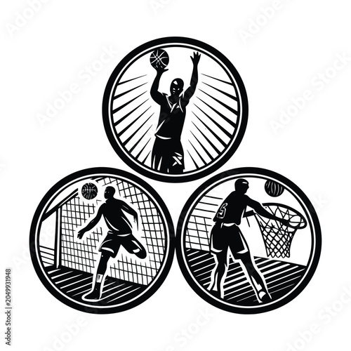 Sports icons, athletic silhouettes, basketball, soccer, vector graphics, black and white