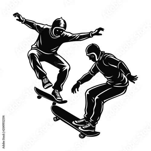 Skateboarders, skateboarding illustrations, black and white vector graphics, sports icons, action figures