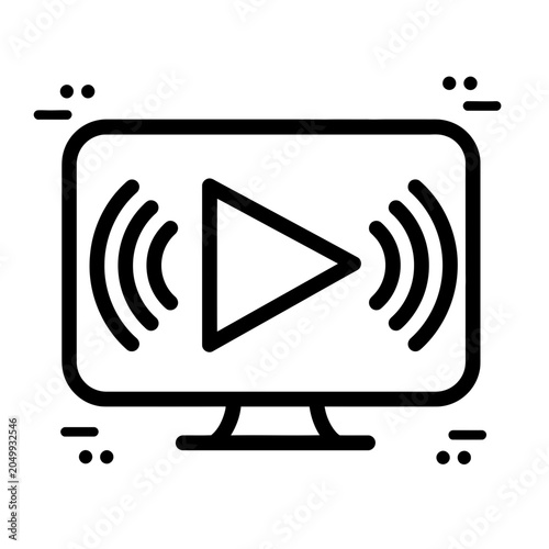 A simple black icon of a television with a play button on screen and sound waves on either side.