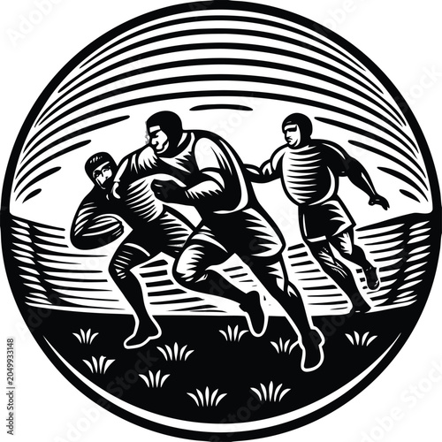 Rugby players, sports illustration, black and white vector, athletic design, sports logo