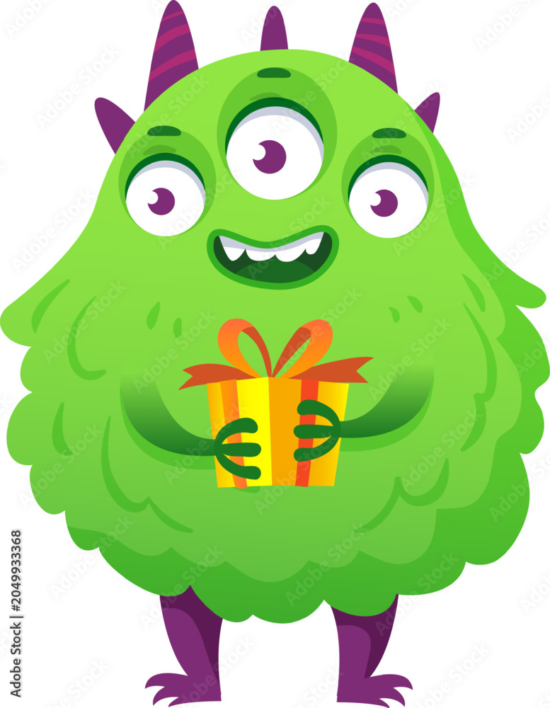Fototapeta premium Green monster character holding a yellow gift box with ribbon