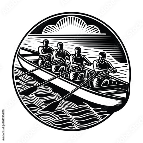 Rowing team, rowing boat, sports icon, black and white, vector illustration, athletic crew, water sport