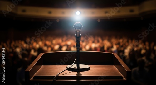Microphone on Wooden Podium in Front of Blurred Audience