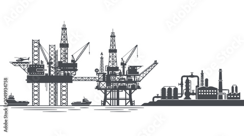 Offshore Oil Rig and Industrial Refinery Silhouette Vector