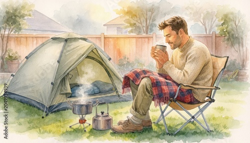 Cozy Camping Experience with a Man Enjoying Coffee by a Tent and Cooking Outdoors in Serene Nature Setting