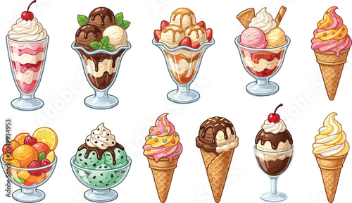 Bild auf Leinwand Ice Cream Sundae and Dessert Collection with Colorful Scoops, Waffle Cones, Frui