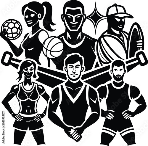Sports icons, athletic vector graphics, fitness illustrations, black and white