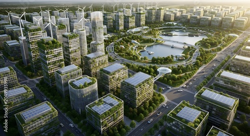 Futuristic eco city aerial view with green buildings, solar panels, and wind turbines for sustainable living.
