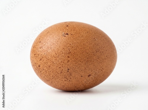 Close-up studio macro shot of an organic brown farm egg with natural shell texture on white surface