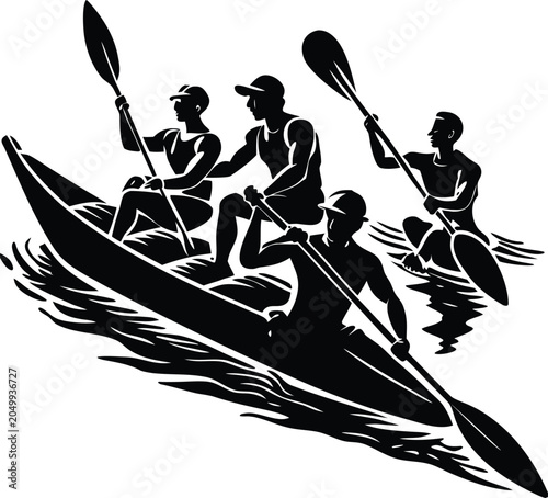 Kayaking team, black silhouette illustration, rowing sports, water recreation, vector graphics