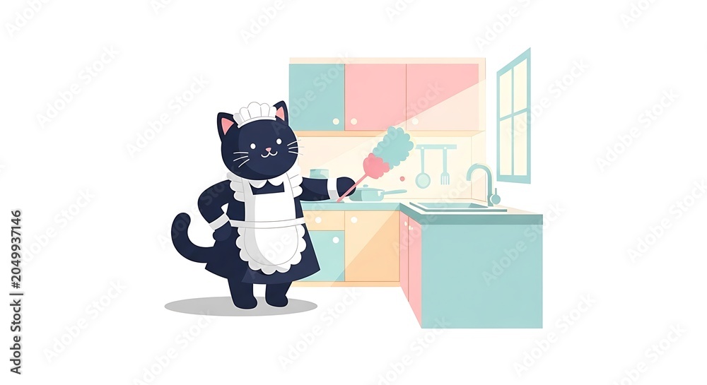 Fototapeta premium Animated black cat dressed as a maid, cleaning a pastel-colored kitchen with a feather duster. The sunny room includes a window and cabinets