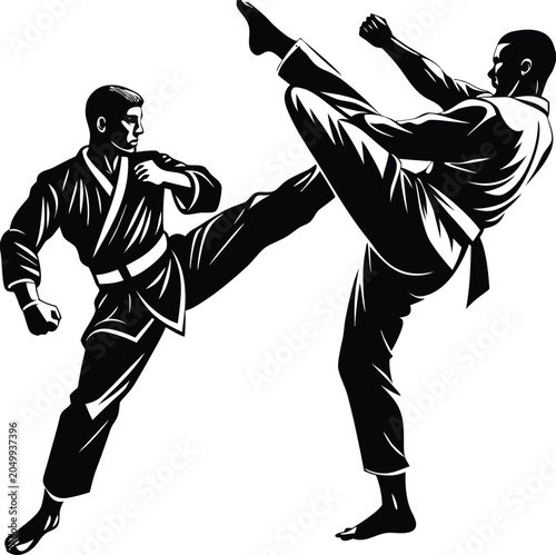 Martial arts, karate, taekwondo, fighting, kickboxing, combat sports, vector illustration, black and white, two men, kicking, punching, athletic, sporty, action-packed