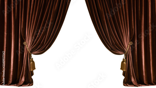 Bild auf Leinwand Rich brown velvet theater curtains with gold tassels parted to reveal black void