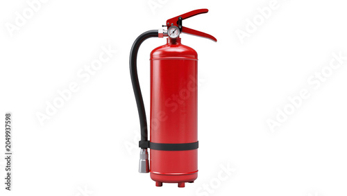 Foto Red fire extinguisher with pressure gauge and hose, isolated on transparent back