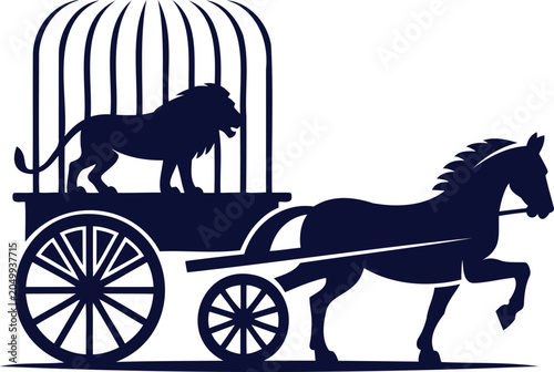 Quadro em tela Silhouette of a powerful horse pulling a vintage wagon with a captive lion insid