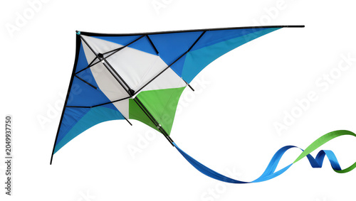 Obraz na plátně Geometric delta kite with blue white and green panels, isolated on transparent b
