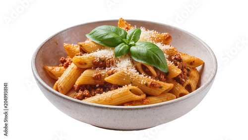 Fotografía Penne pasta with bolognese sauce grated cheese and basil, isolated on transparen