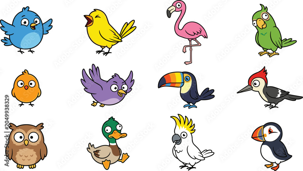 Fototapeta premium Cute Bird Character Icon Collection with Flamingo Parrot Toucan Owl Duck Cockatoo and Puffin Cartoon Vector Elements Isolated on White Background