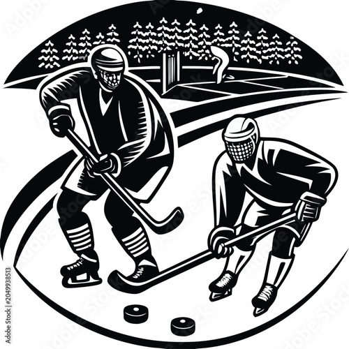 Black and white hockey players, ice hockey illustration, sports vector, hockey equipment, winter sport