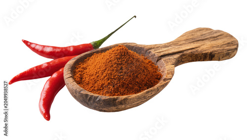 Cuadro en lienzo Red chili peppers and paprika powder in a wooden spoon, isolated on transparent