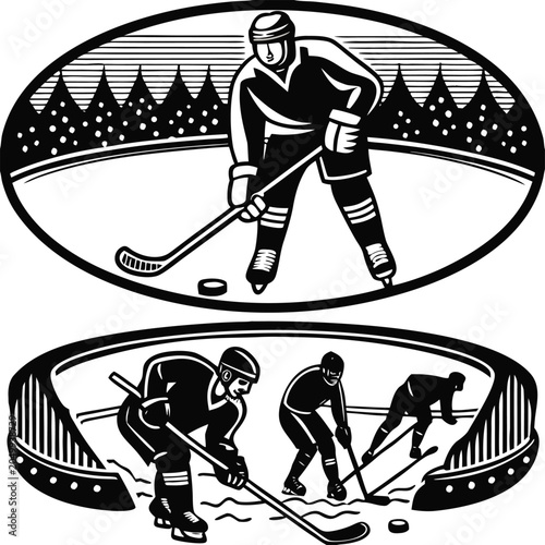 Hockey Player, Ice Hockey, Vector Illustrations, Black and White, Sports Icons, Athletes