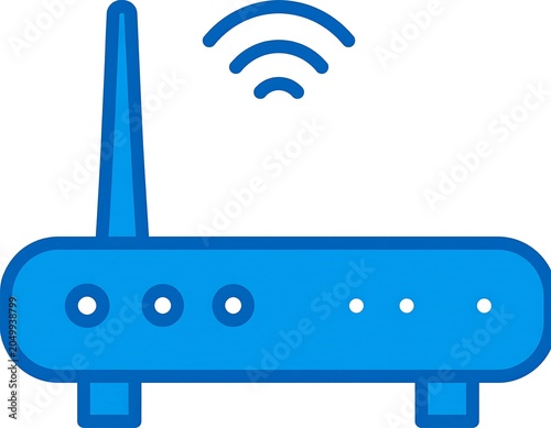 A blue Wi-Fi router with four ports and a signal indicator