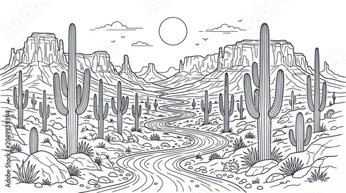 Bild auf Leinwand Desert Landscape Line Art Illustration