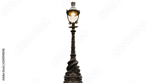 Fotografie Ornate antique street lamp with glowing bulb, isolated on transparent background