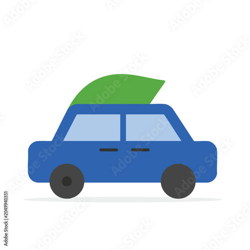 Minimalist blue car with a green leaf icon symbol.