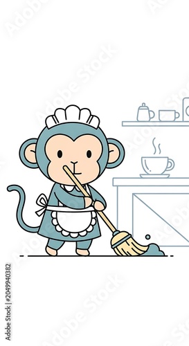 An illustration depicting a cartoon monkey in a maid outfit sweeping near a counter with a steaming cup