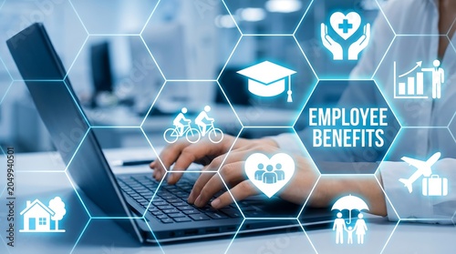 Person using laptop with digital graphic overlay of employee benefits icons like healthcare, education and insurance