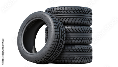 Obraz na plátně Stack of black rubber car tires with detailed tread patterns, isolated on transp