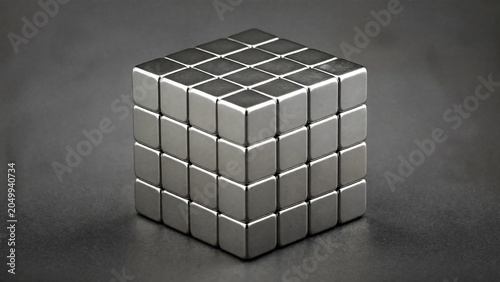 A solid cube formed by powerful silver-gray magnets on a plain background.