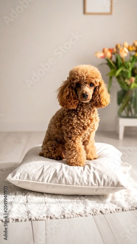 A brown poodle sits on a white pillow on a rug in a room