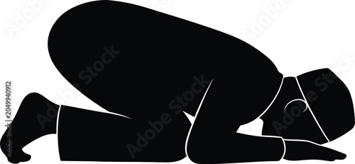 Praying man silhouette, Muslim man in prostration, Islamic prayer icon, black and white vector