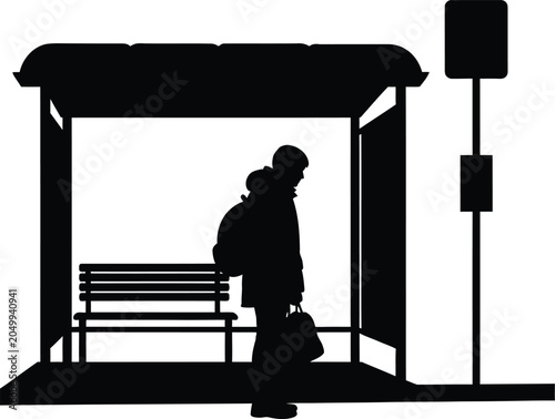 City life, lonely man, bus stop, silhouette illustration, urban scene