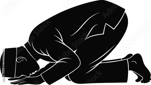 Man praying, Muslim man in prayer position, Islamic worship, black silhouette icon