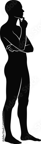 Thinking man silhouette, black figure, contemplative person, vector illustration