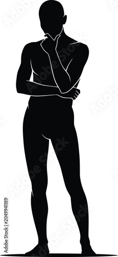 Black silhouette woman, standing female figure, arms crossed, minimalist design, vector icon