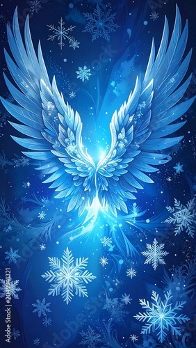 A blue winged creature surrounded by snowflakes on a dark blue background