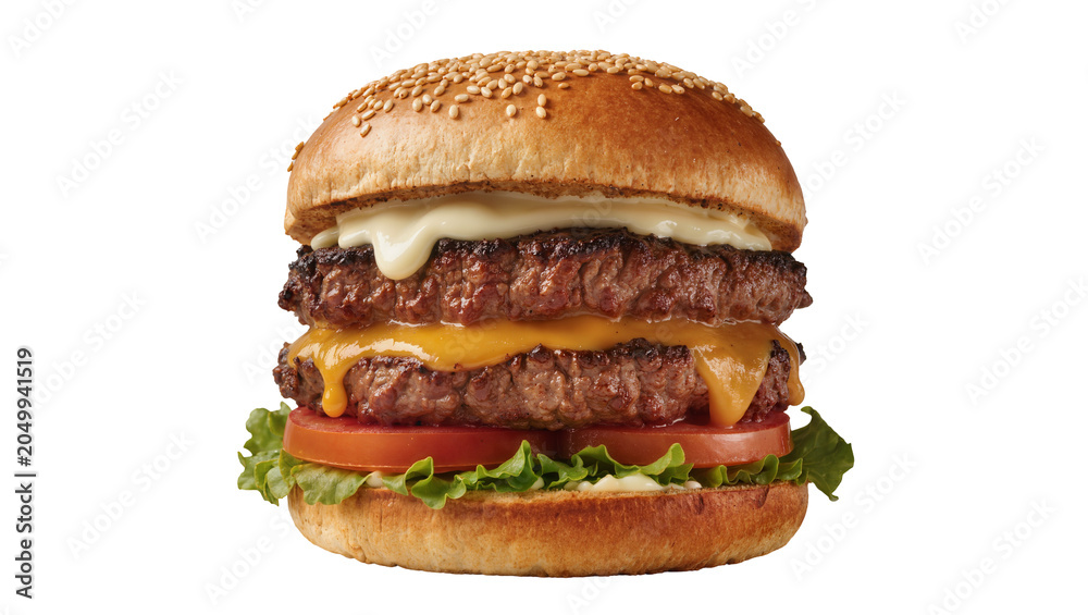 Obraz premium Juicy double cheeseburger with sesame seed bun lettuce tomato and sauce, isolated on transparent background
