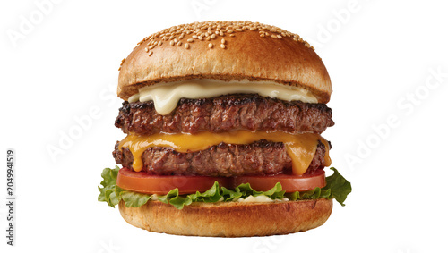 Quadro su tela Juicy double cheeseburger with sesame seed bun lettuce tomato and sauce, isolate