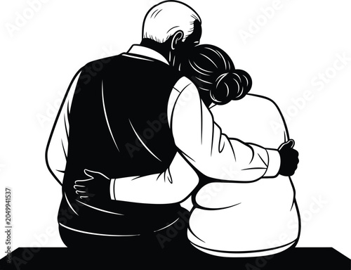 Vector illustration of senior couple hugging, love and care, black and white, romantic gesture, affectionate seniors