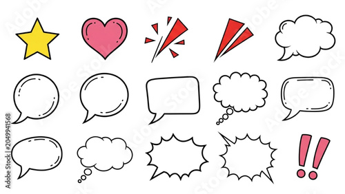 Foto A collection of various speech bubbles and emotive icons on a white background