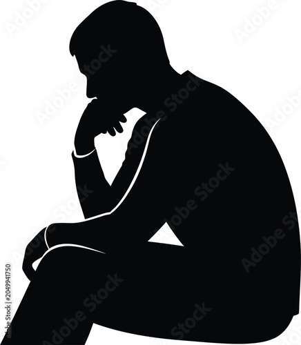 Sad man silhouette, depressed person, black icon, emotional character, white background