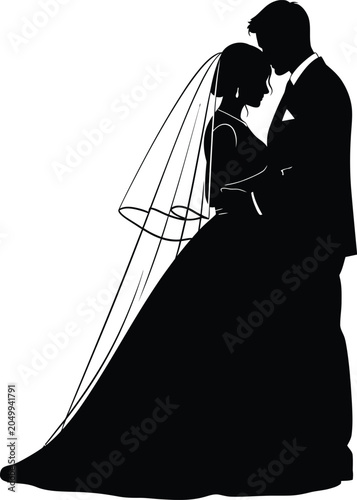 Romantic wedding couple silhouette, bride and groom embracing, black vector illustration, love and marriage symbol